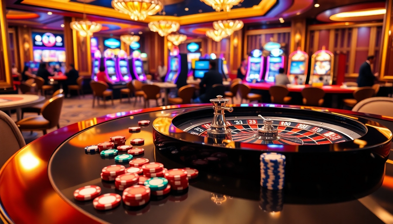 A dynamic casino scene featuring a roulette table and vibrant gaming atmosphere, highlighting nhacaiuytinvn.us.com.