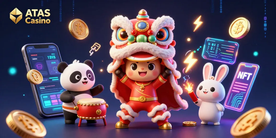 Engage with ATAS Casino's festive lion dance while surrounded by dynamic crypto elements for a thrilling gaming experience.