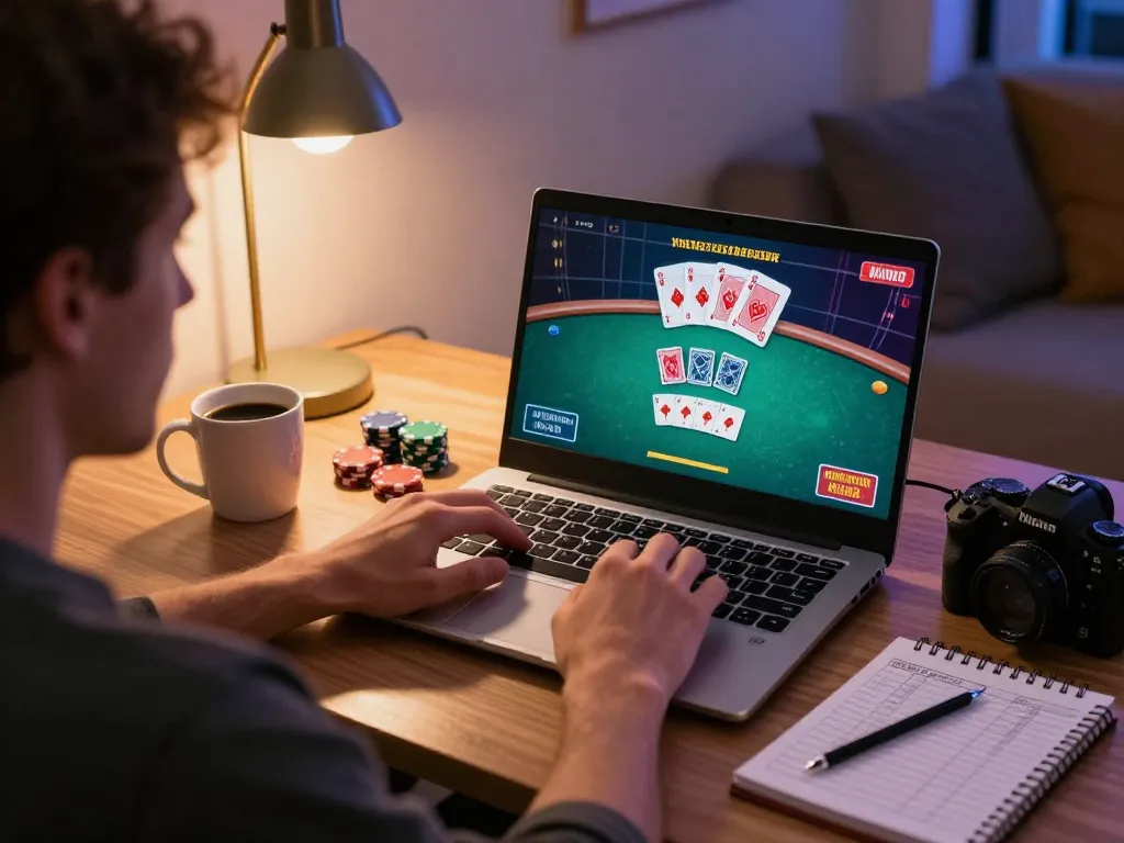 Player enjoying go88 mobile gaming experience with a cozy setup, showcasing cards and chips strategically on screen