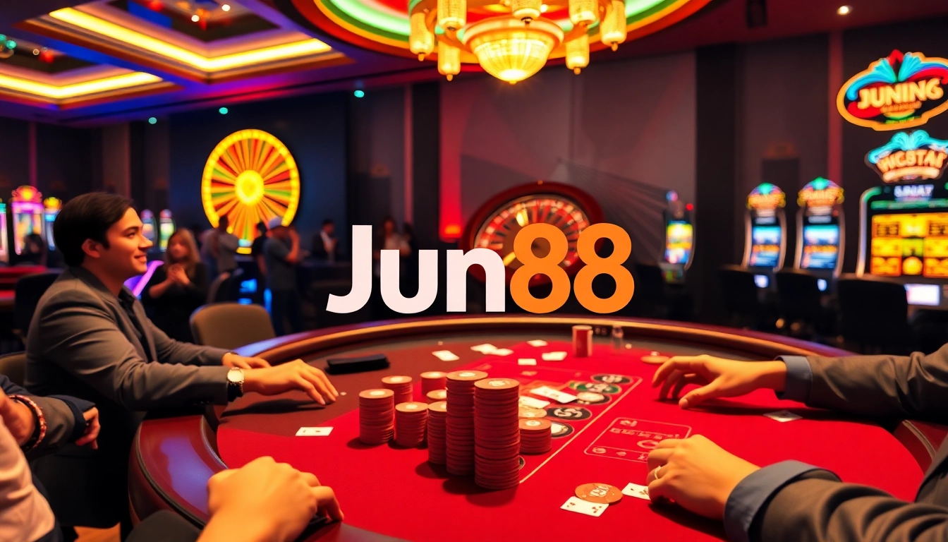 Experience the thrill of gaming at Jun88 with exciting poker action and vibrant casino lights.