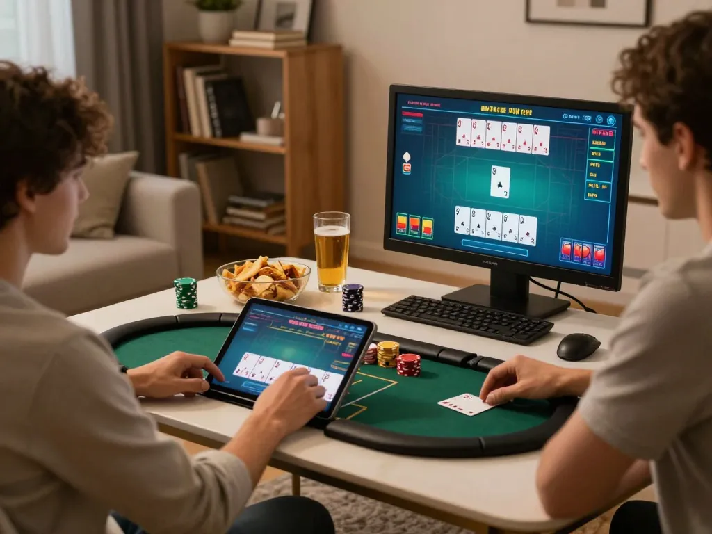 Engaged player enjoying sunwin online poker in a cozy home environment with a tablet.