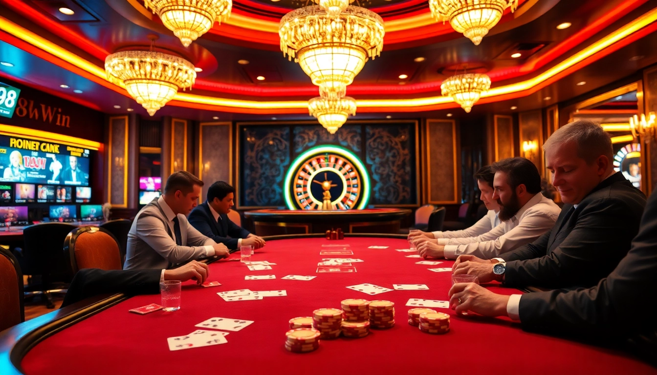 Players at a poker table experience the excitement of 98Win in a luxurious casino setting.