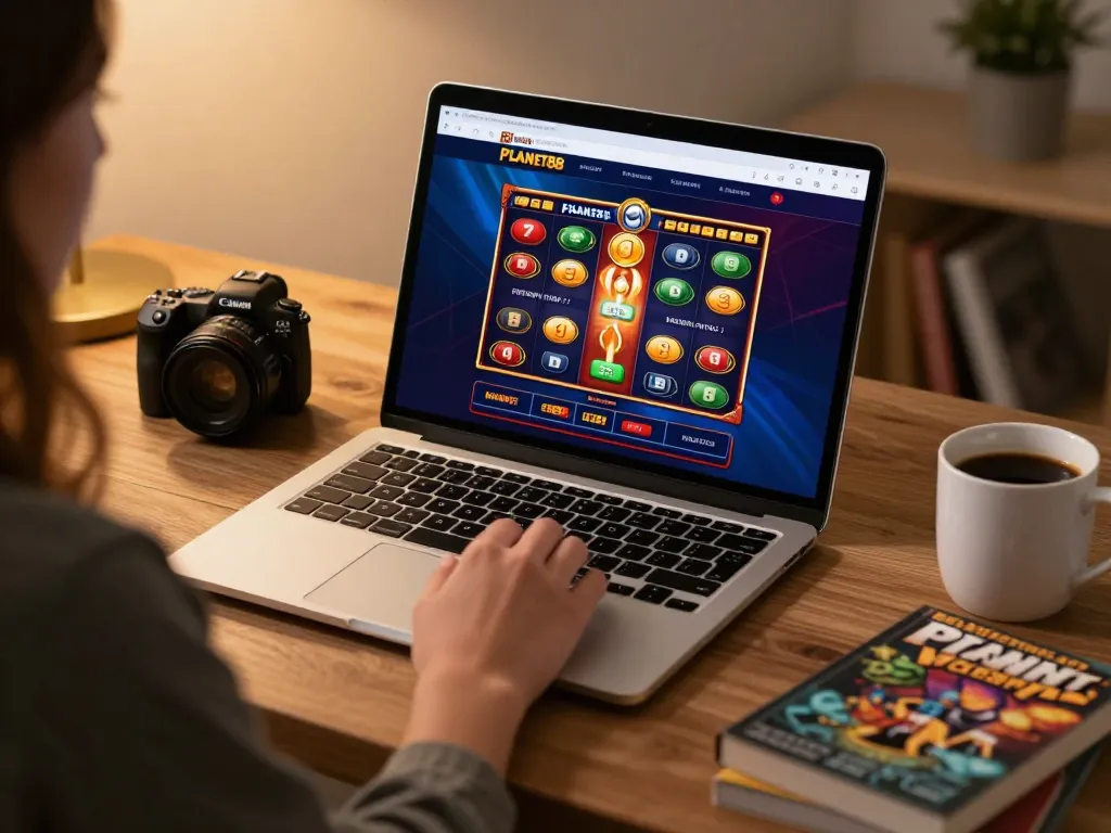 Engaging scene of online gaming on PLANET88 slot interface at a cozy desk setup.