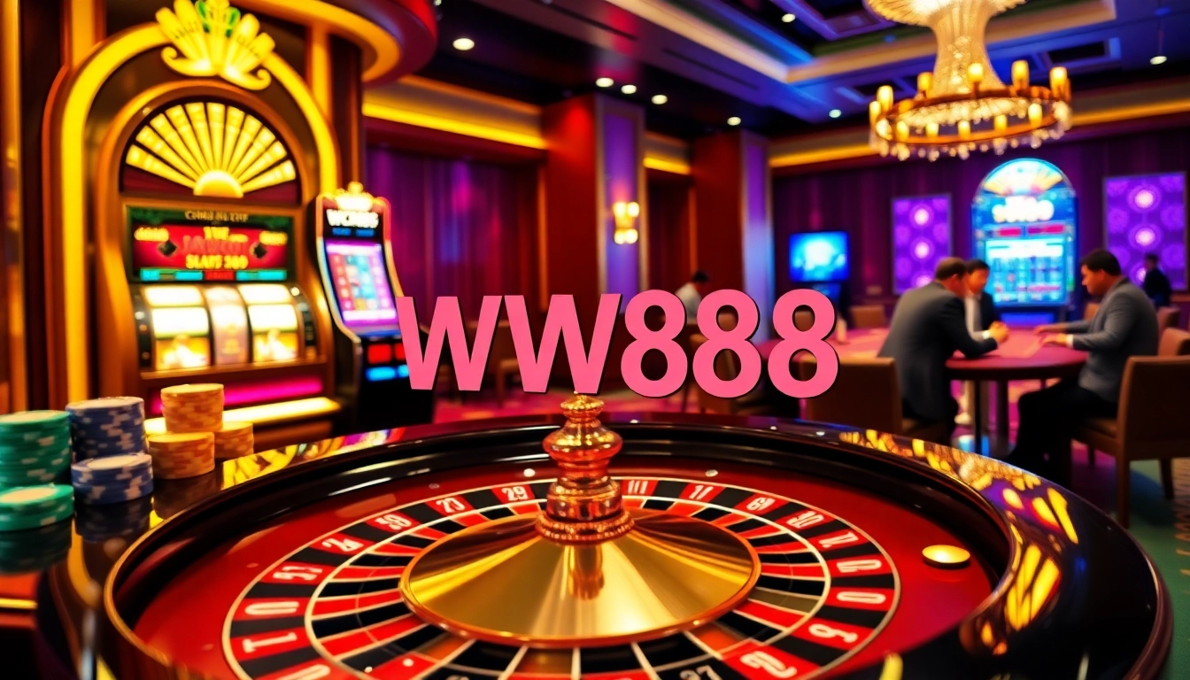 WW88 casino scene showcasing vibrant roulette and poker table action.