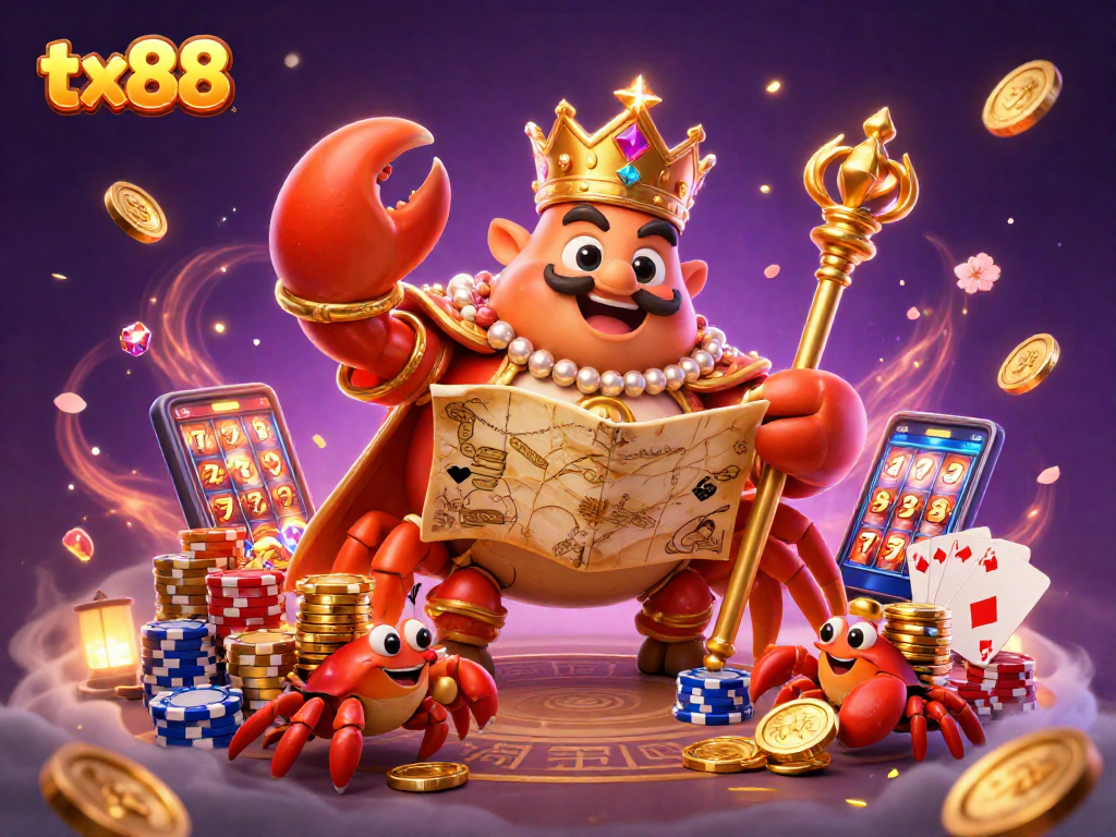 Experience tx88 with the golden crab emperor leading in an extravagant casino scene of treasures.