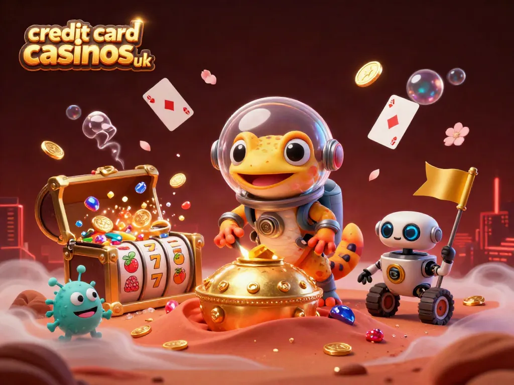 Discover exciting credit card casinos uk with a 3D cartoon Martian gecko exploring a dazzling golden casino.