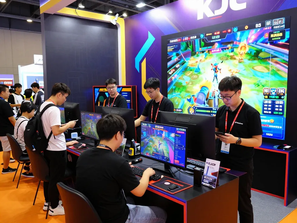 Engaging visitors at the KJC.onl booth during a vibrant global gaming expo showcasing top entertainment brands.
