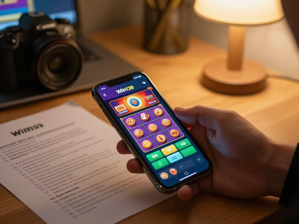 Win138 player engaging in online slot gaming on a smartphone with strategy notes nearby.