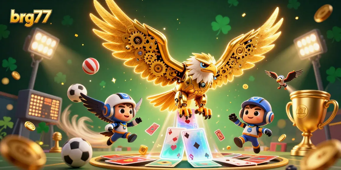Ignite your gaming journey with brg77, where the cybernetic eagle dives through holographic cards amidst vibrant sports elements.