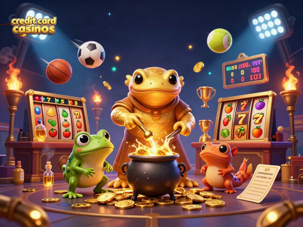 Engage with credit card casinos showcasing vibrant 3D illustration of gold transmuting characters and lively gaming elements.