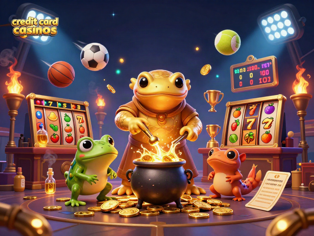 Engage with credit card casinos showcasing vibrant 3D illustration of gold transmuting characters and lively gaming elements.