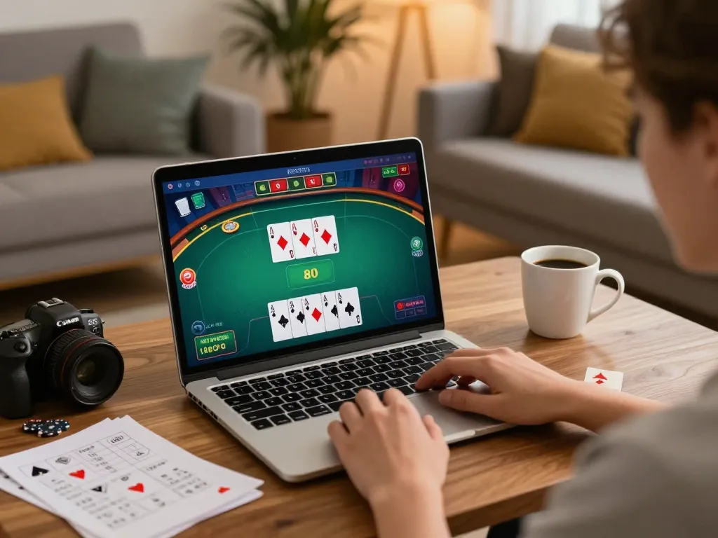 Engaging in a thrilling poker game on Paris888, showing strategy notes and a cozy setup.