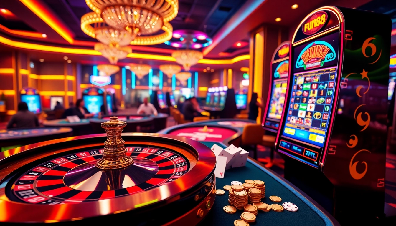 Experience the excitement of Fun88 with a vibrant casino atmosphere filled with roulette, poker, and slot games.