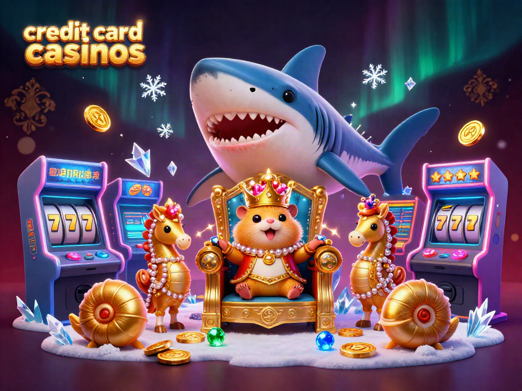 Explore vibrant credit card casinos with a hamster king and seahorse guards in a dynamic 3D scene.
