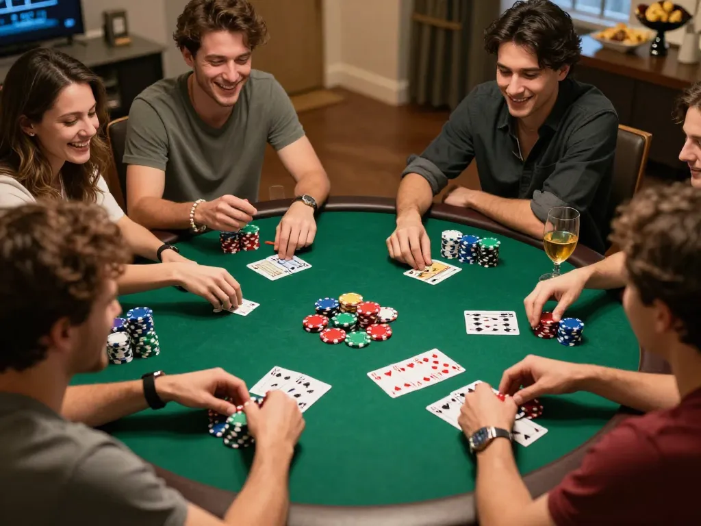 nhacaiuytin gamers enjoying an intense poker night with friends, chips and cards laid out on the table.