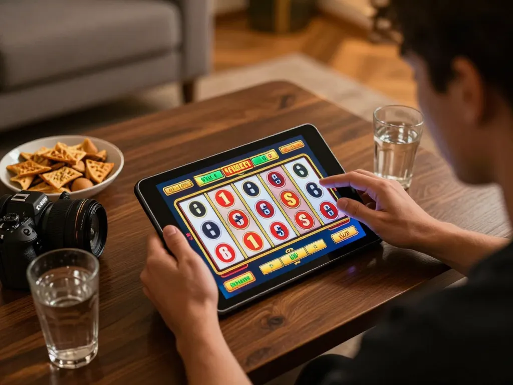 Player spins vibrant slot reels on 98win's tablet interface, enjoying a cozy home gaming experience