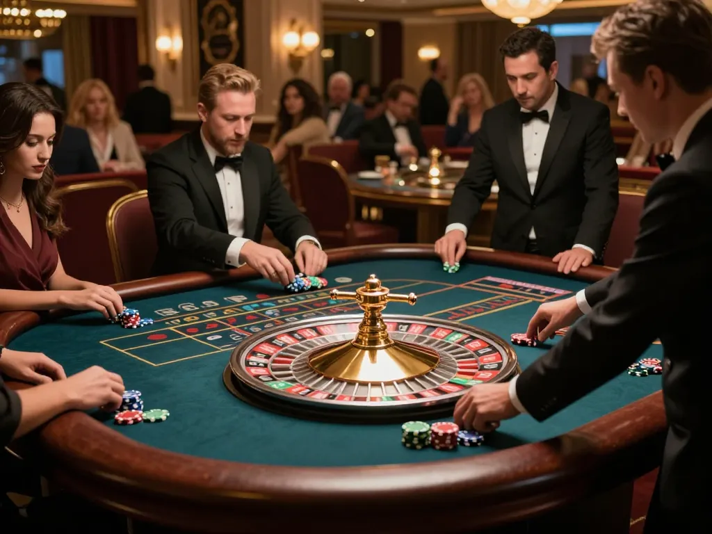 Players placing bets at the LV88 roulette table in an upscale casino, creating an exciting atmosphere.