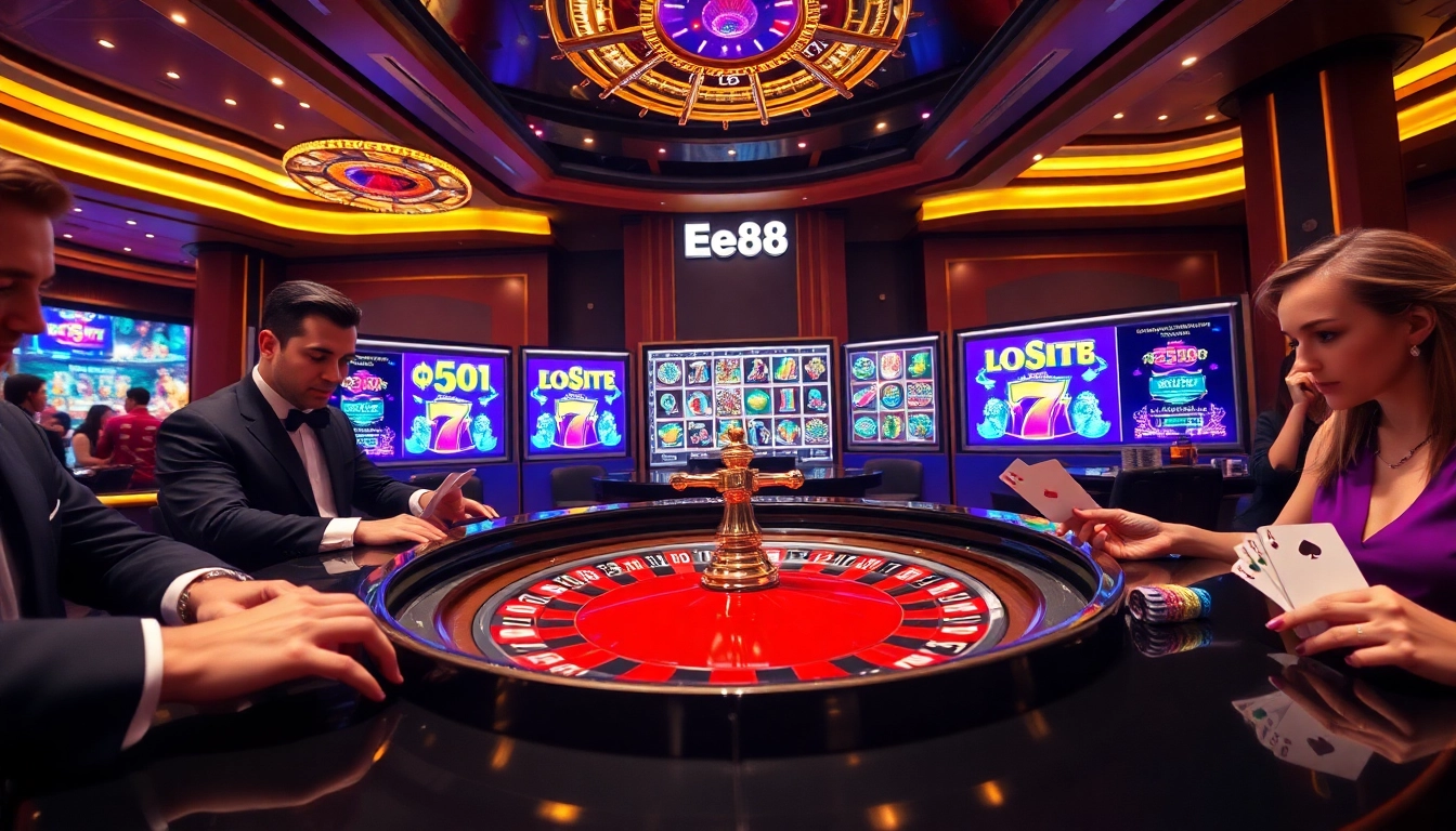Players enjoying a vibrant gambling experience at Ee88's luxurious casino table.