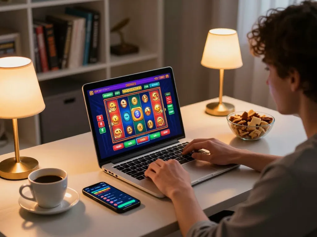 Engaging in kdslot online gaming on a modern laptop, showcasing vibrant slot reels and comfortable setup.