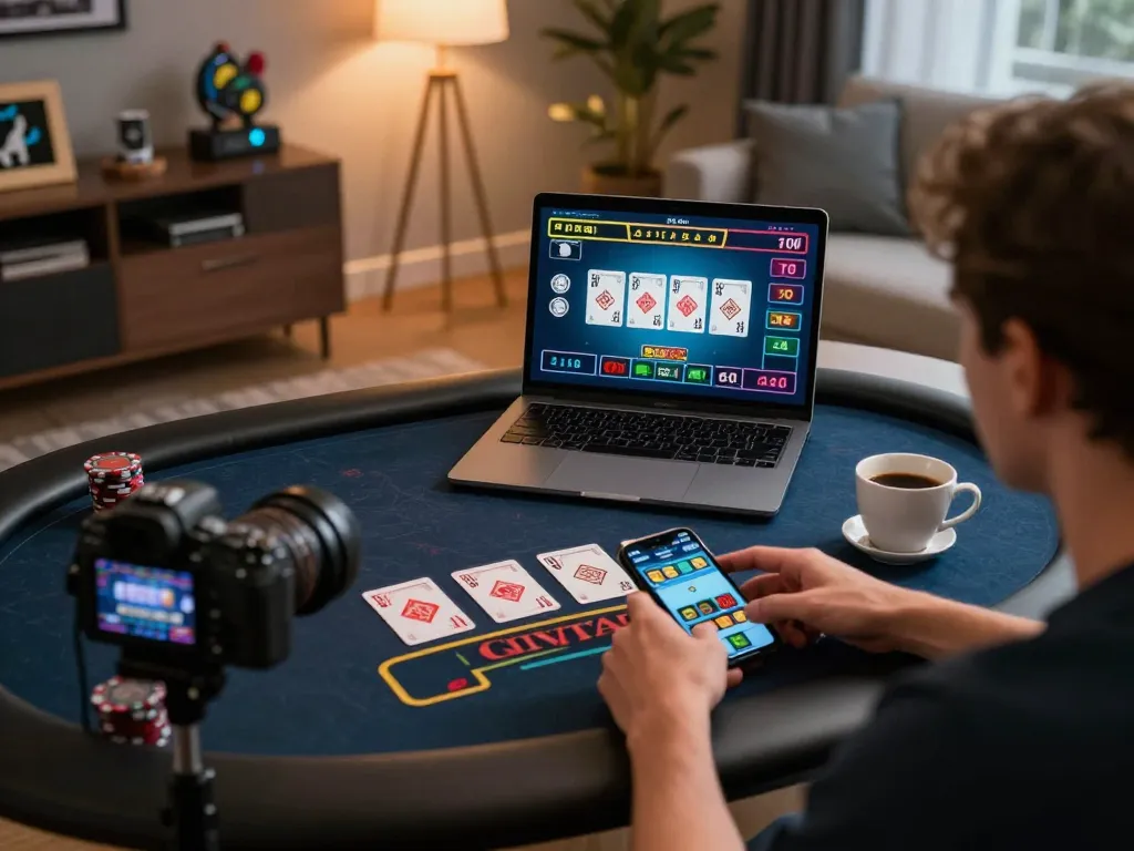 Engaging in online gaming at goal123, a player using a laptop for live dealer casino with vibrant interface.