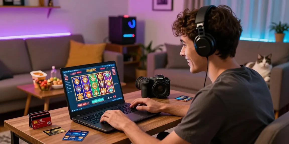 Exciting online gaming scene with a player exploring mastercard casinos at home, colorful lights creating a vibrant atmosphere.