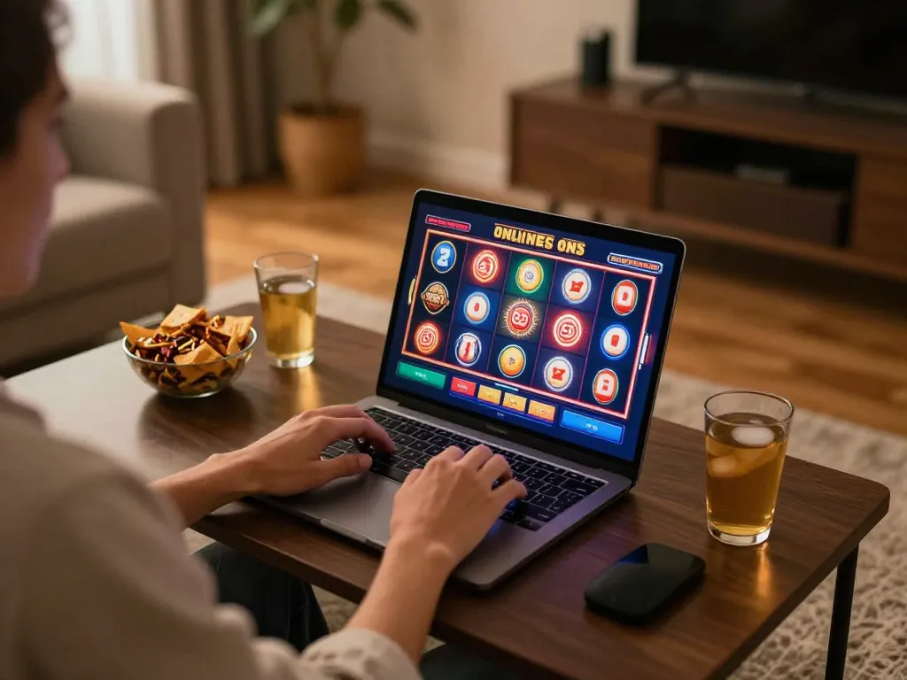 Engaging in online slot games at home with f168, showcasing a cozy gaming atmosphere with snacks.