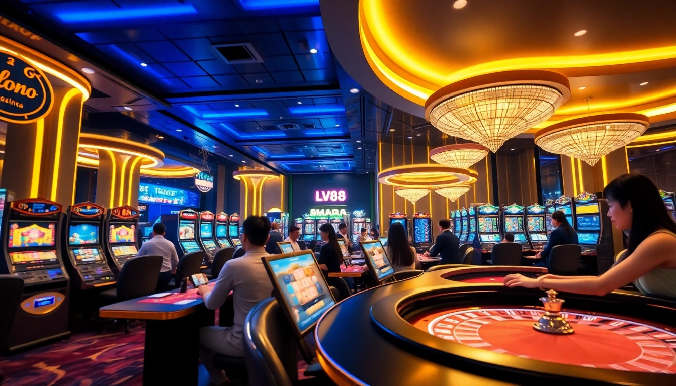 Experience exciting gaming at LV88 with players enjoying roulette and slots in a vibrant casino atmosphere.