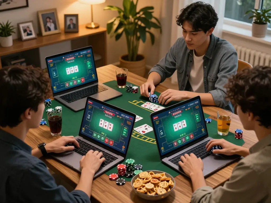An engaging blackjack game setup showcases friends playing 88vv online at home with strategic snacks and drinks.