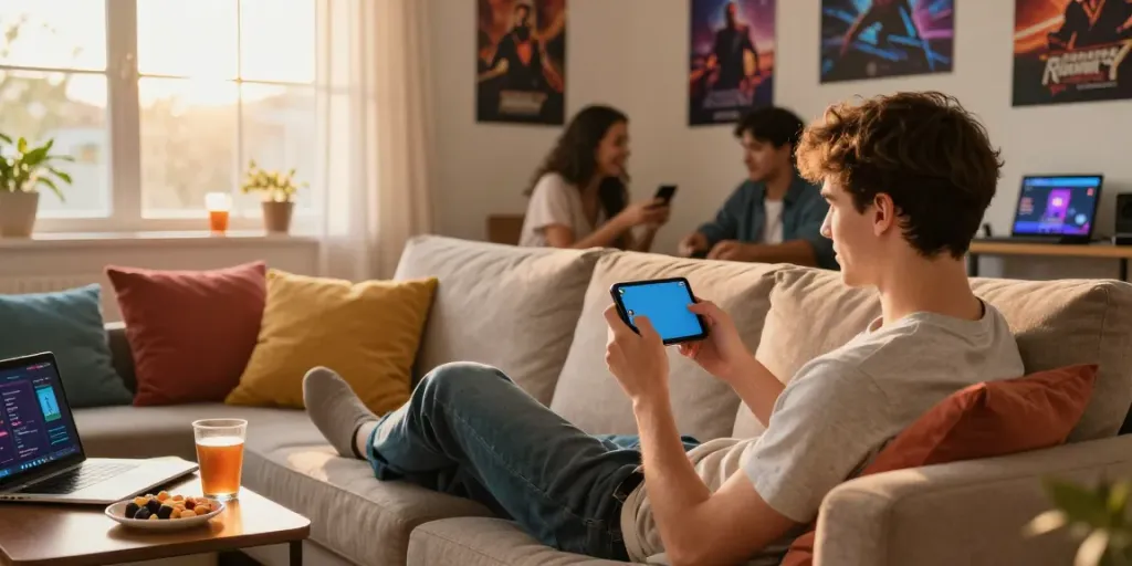 Young adult enjoying the Rumble Rummy app in a cozy living room.