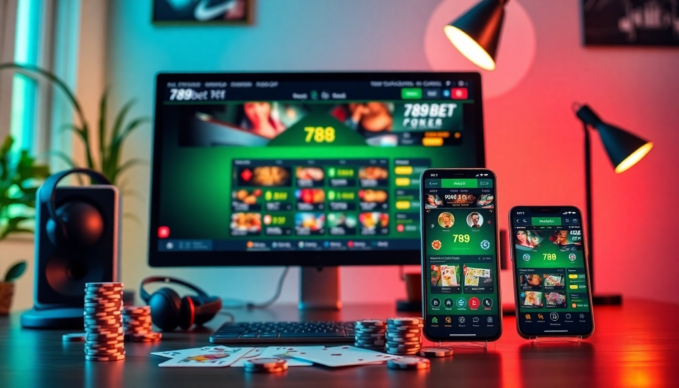 Engaging 789bet online gambling interface on a modern home office desk with poker elements.