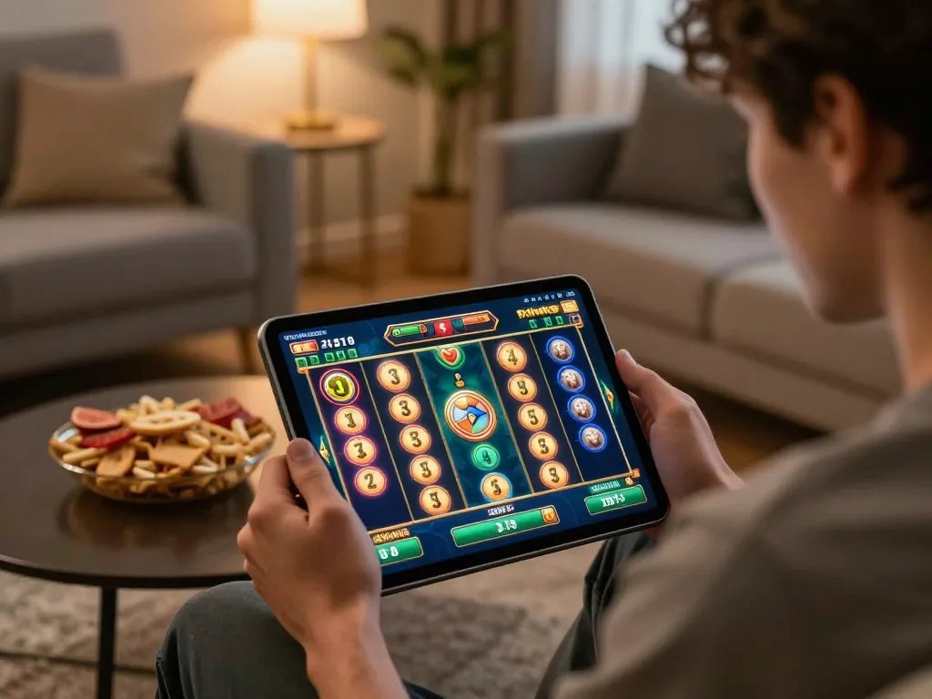Player enjoying a lively slot game on tablet while showcasing winning moments, featuring jus77 branding