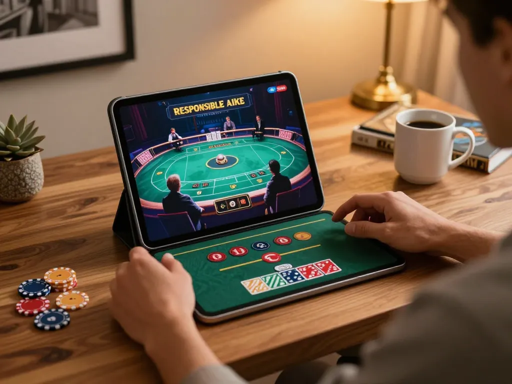 RR88 player engaging in live dealer game on tablet, showcasing online gambling experience.