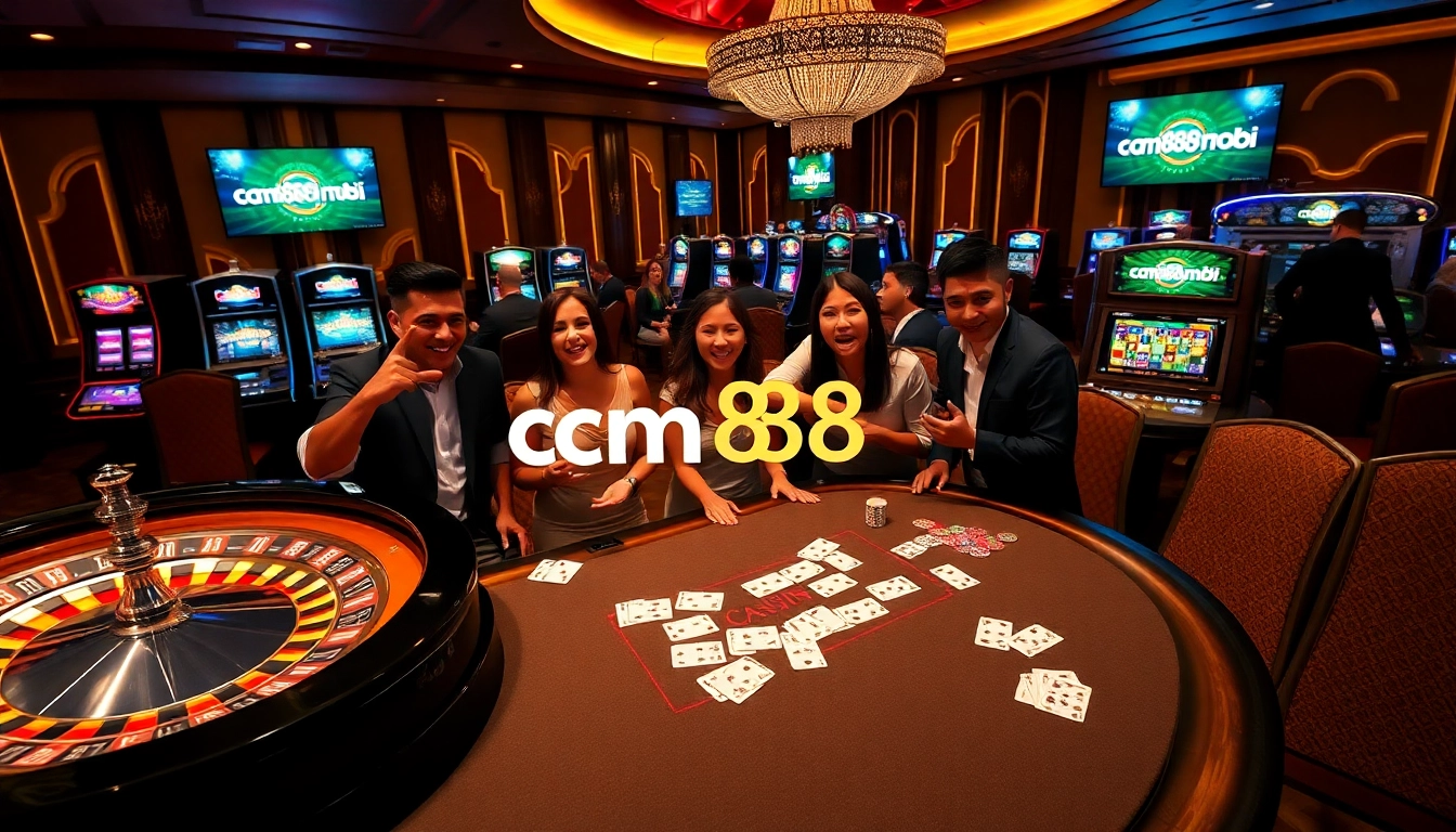 Excited players engaging at the cm888 mobi poker table in a luxurious casino.
