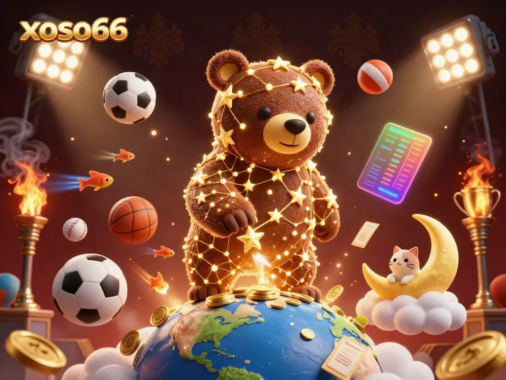 Xoso66 constellation bear gathers coins while sports elements highlight the online gaming experience.