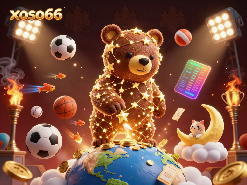 Xoso66 constellation bear gathers coins while sports elements highlight the online gaming experience.