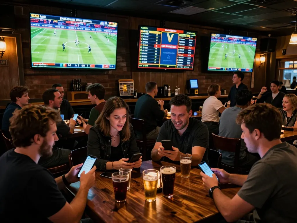 Sports betting enthusiasts engrossed in kèo nhà cái, placing wagers on mobile devices during live matches.