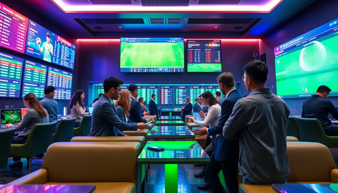 Kèo nhà cái visual showcasing professional sports betting lounge with dynamic screens.