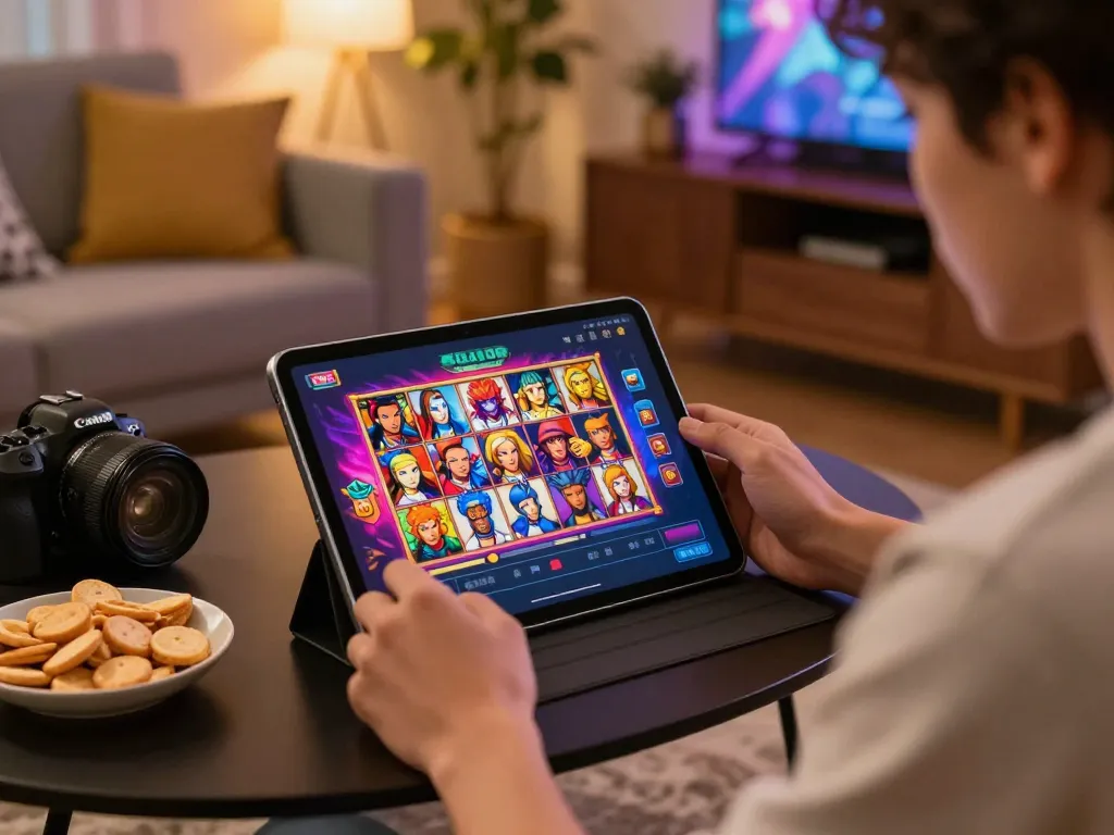 Player engages with GSC108 Daftar, exploring colorful slot games in a cozy home setting.