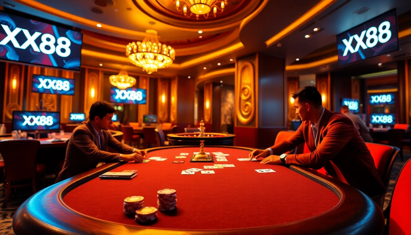 Experience intense poker action at XX88 casino with vibrant chips and sleek tables.