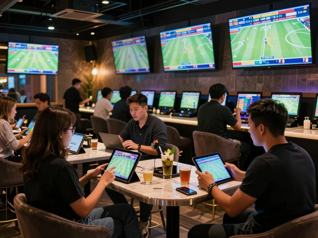 may88 sports betting event shows enthusiastic bettors engaged at modern lounge