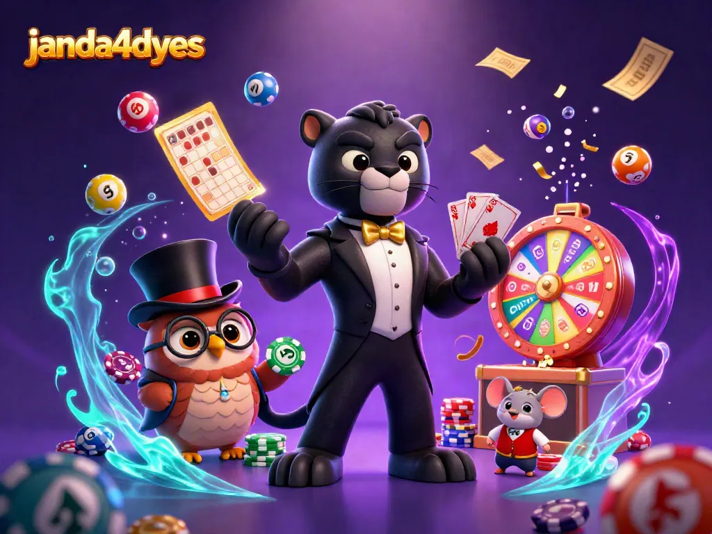 janda4dyes menang besar dalam permainan dengan bola lotere berwarna-warni dan karakter unik.