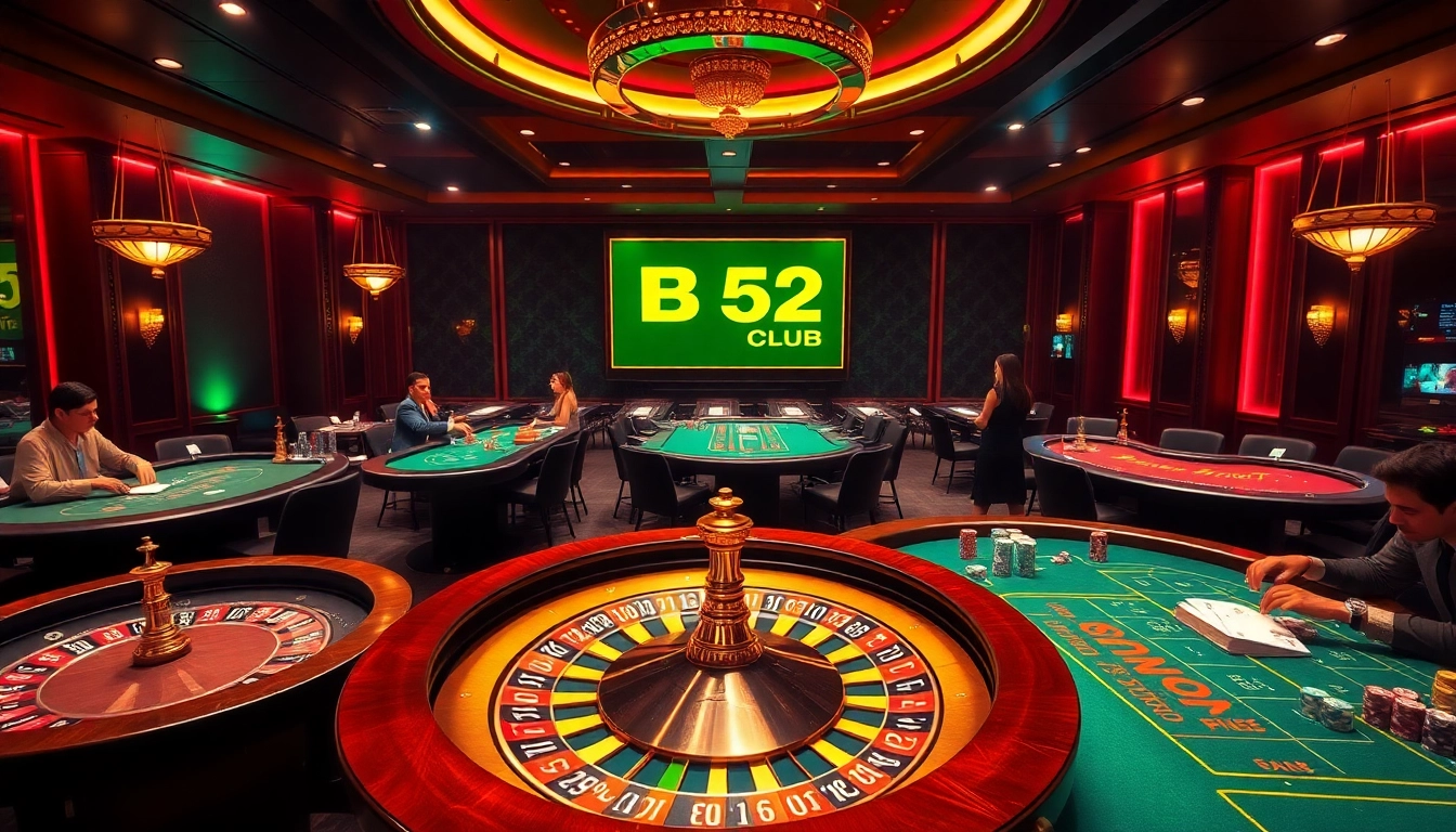 B52 Club gaming scene showcasing lively poker and blackjack tables with vibrant chips and cards.