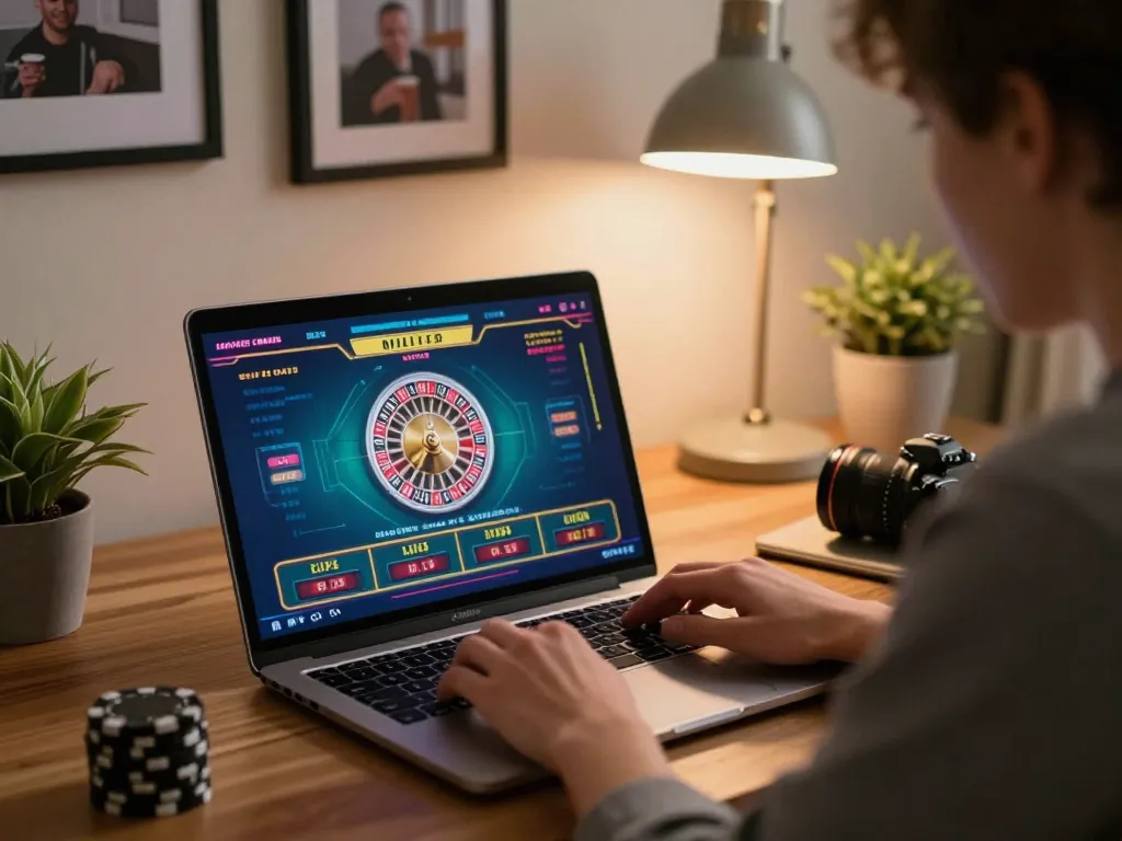 Engaged player on m88zo.com using a laptop for live casino games in a cozy home setting.