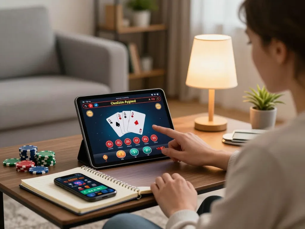 Engaging in online gaming at https://sc88.games/ with tablet showing poker interface and setup for responsible gambling.