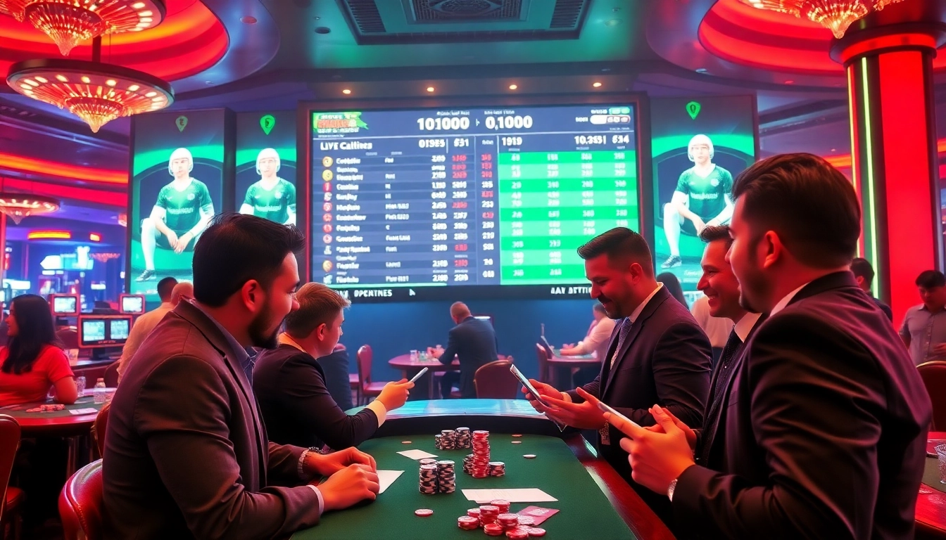Kèo bóng đá hôm nay displayed on a dynamic digital board in a vibrant sports betting area.