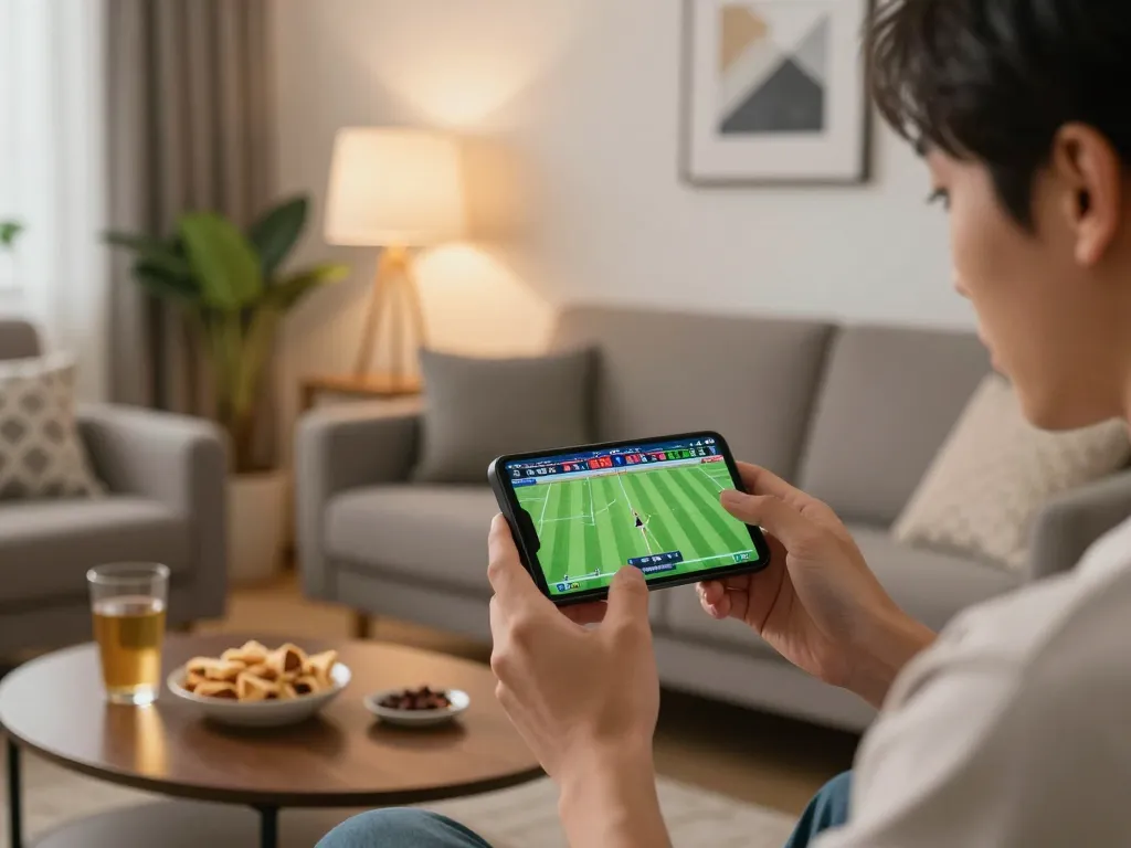 Person using OKFUN app for sports betting on smartphone in cozy living room