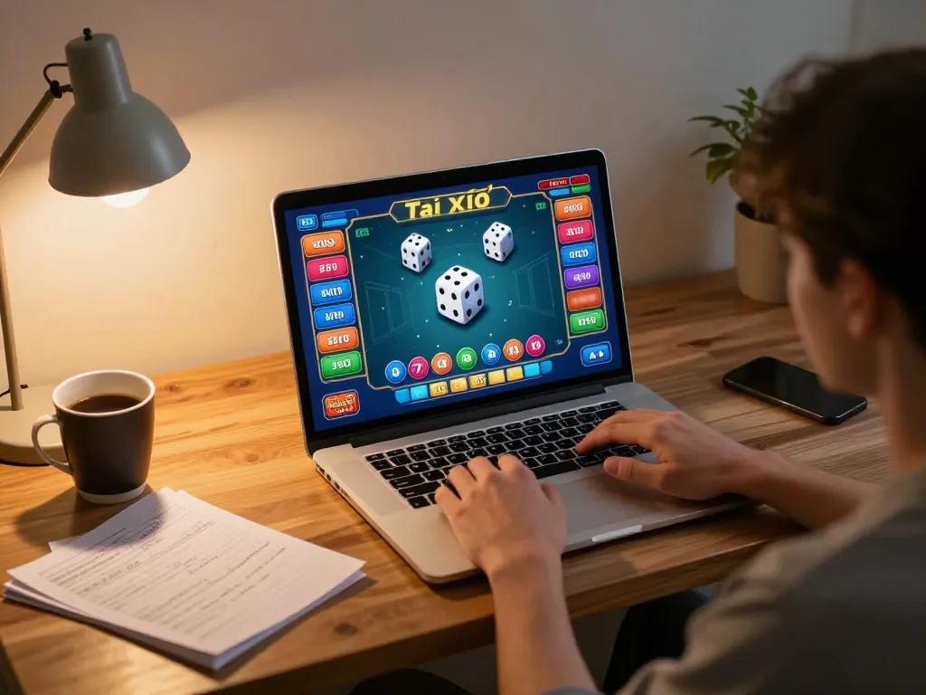 Tài xỉu online gameplay on laptop, showcasing immersive interface and strategic notes.