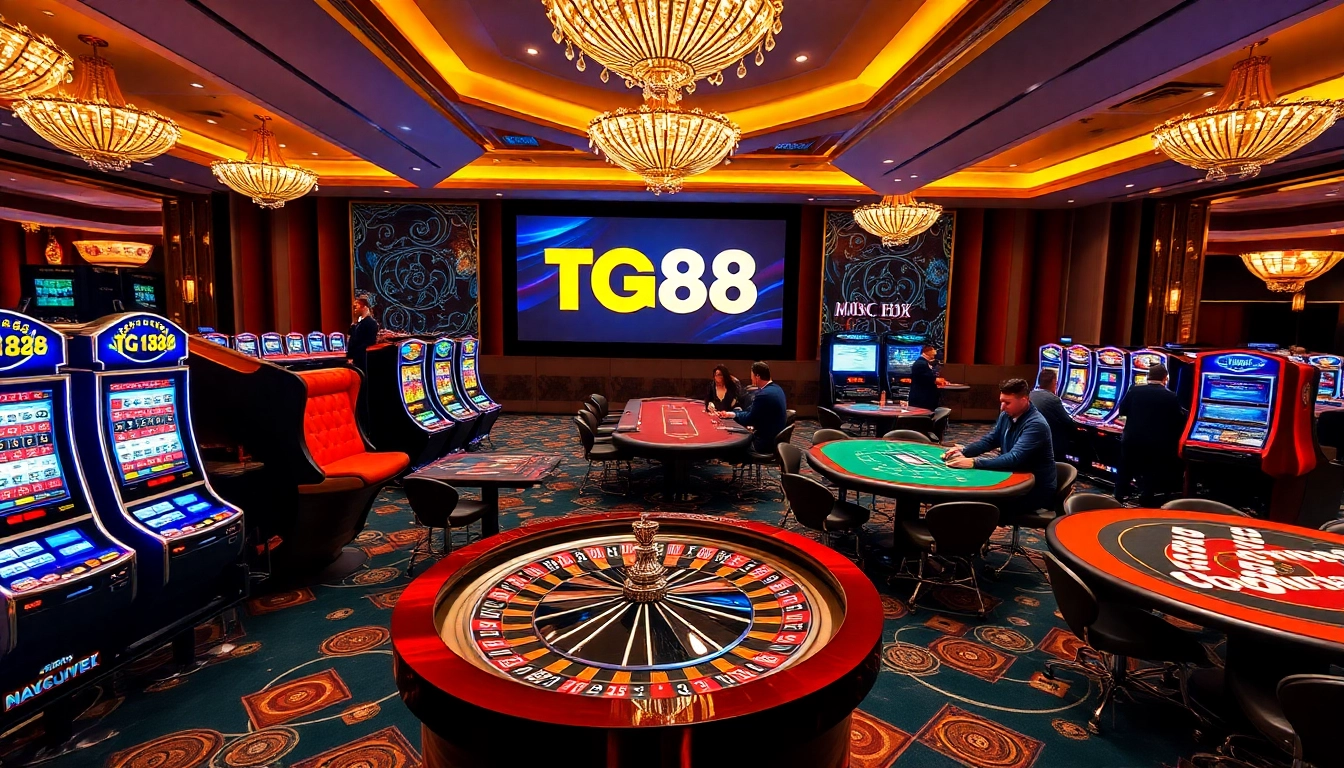 Players enjoying dynamic games at TG88 casino with roulette wheel, poker tables, and vibrant slot machines.