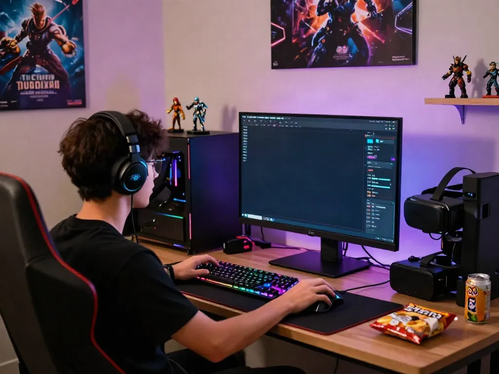Immersive akunjp gaming experience with a player focused on vibrant game interface and colorful gaming setup.