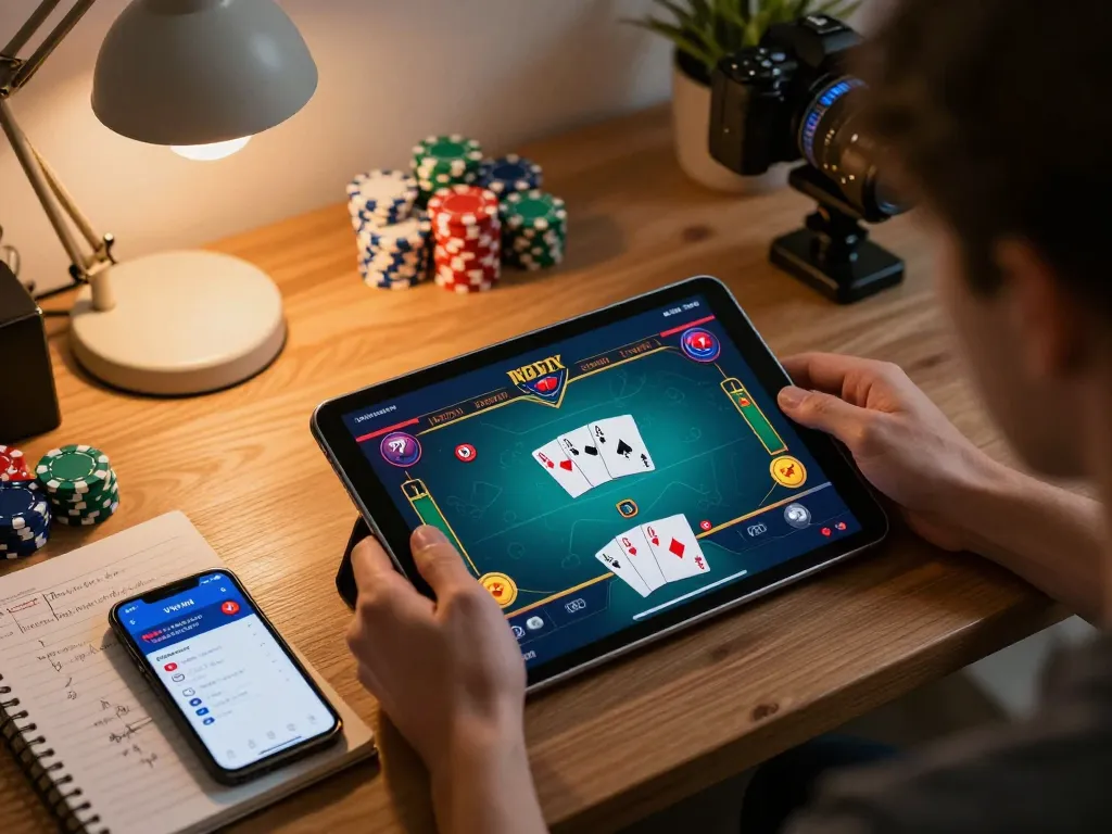 Engaging online poker gameplay on vvvwin app, showcasing user strategy with tablet in cozy home setting.